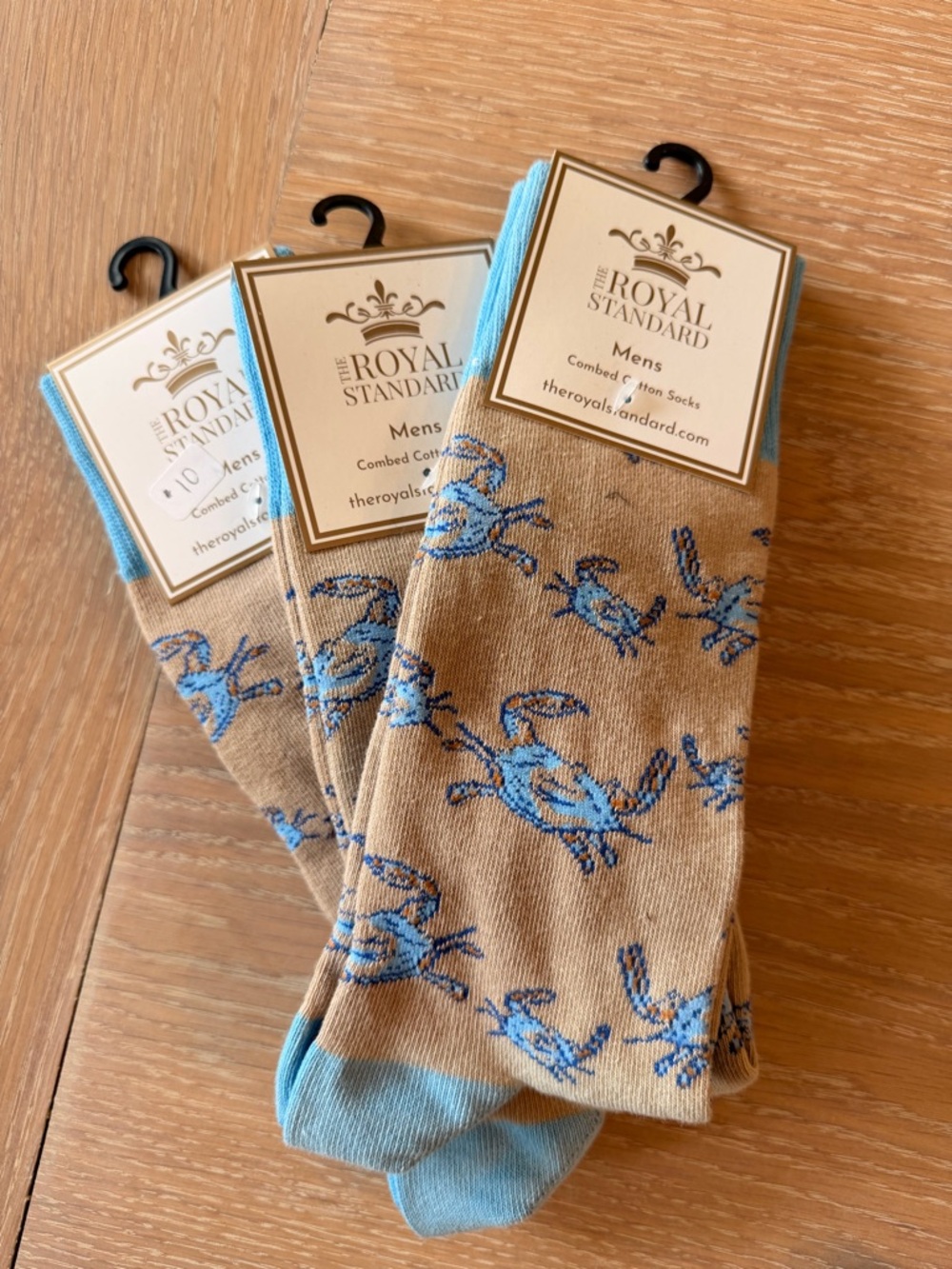 Men's Tan Socks with Blue Crab Pattern